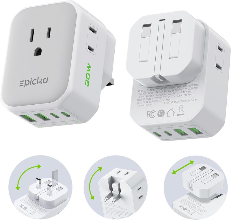 EPICKA Hybrid Travel Plug Adapter, 2 Packs Foldable & Detachable Type G (UK) VisaPlug, 8-in-1 International Power Adapter with 4 USB Ports (2 USB-C PD 20W), Travel Essentials for US to England - Image 1